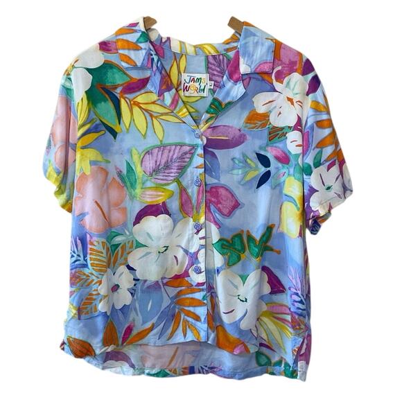 Jams World Tops - Jams World Colorful Tropical Watercolor Floral Casual Button Up Blouse Large